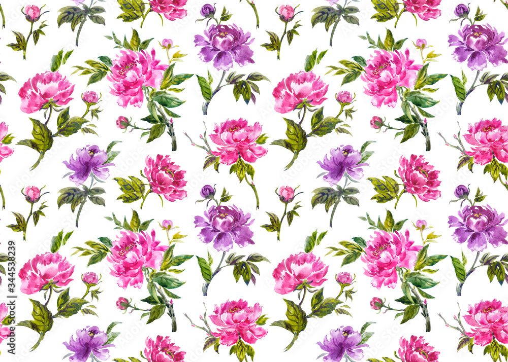 Peonies seamless pattern on a white background in Chinese, Japanese, Korean style, floral print for fabric and other designs. Peonies seamless pattern on a white background in Chinese, Japanese, Korean style, floral print for fabric and other designs.