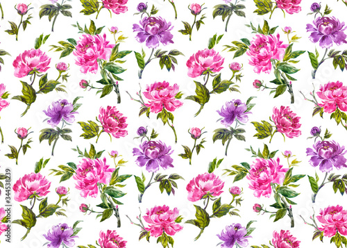 Peonies seamless pattern on a white background in Chinese  Japanese  Korean style  floral print for fabric and other designs.