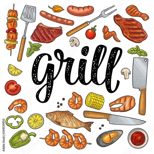 Barbecue grill top view charcoal, kebab, mushroom, tomato, pepper, steak