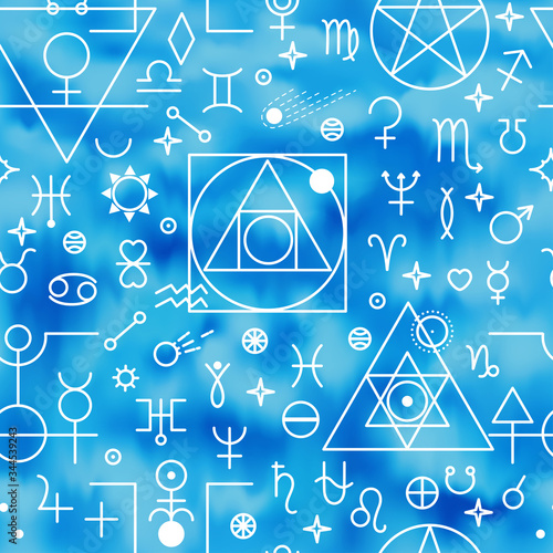 Zodiac sings constellation seamless pattern, alchemy astrology astronomy symbols background. Planets, stars pictograms. Esoteric blue color geometric texture