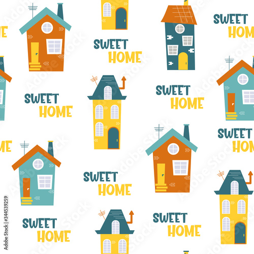 Childish seamless pattern with colorful houses on a white background. Vector illustration in a funny cartoon style. Creative childish background for wallpaper, clothing, packaging, fabrics.