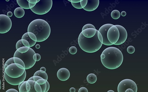 Dark background green mesh bubbles. Wallpaper, texture with bubble. 3D illustration