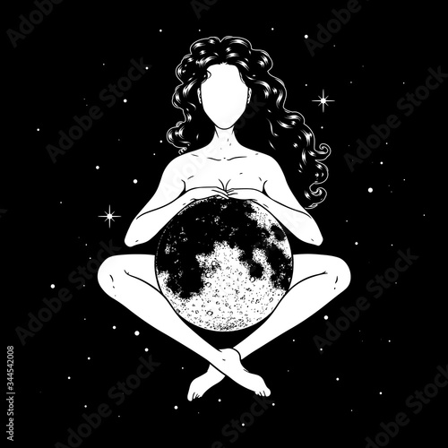 Beautiful woman meditating with full moon in space, goddess symbol. Vector illustration