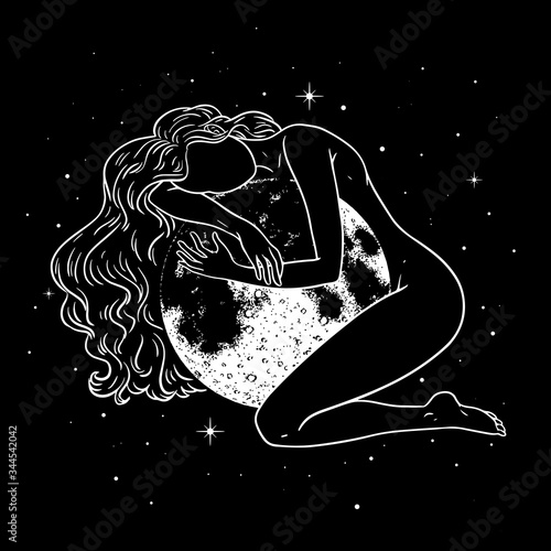 Fotografiet Beautiful woman hugging full moon in space, magic theme, goddess symbol