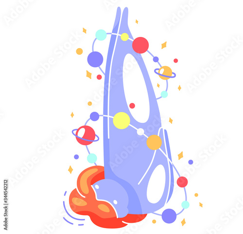 Cute vector isolated illustration of a fat space girl standing in a candle pose. Yoga, balance exercise, Sarvangasana. World Yoga Day. Body positive, health care, acceptance of one’s body. Cosmos.