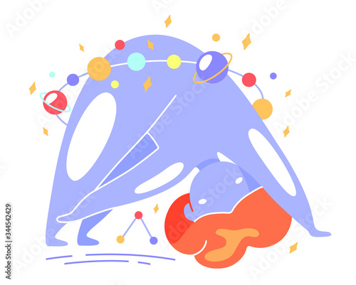 Cute vector isolated illustration of a space girl doing yoga. Twisting  stretching  tilting  health care. World Yoga Day. Body positive  love for yourself and your body. Cosmos theme.