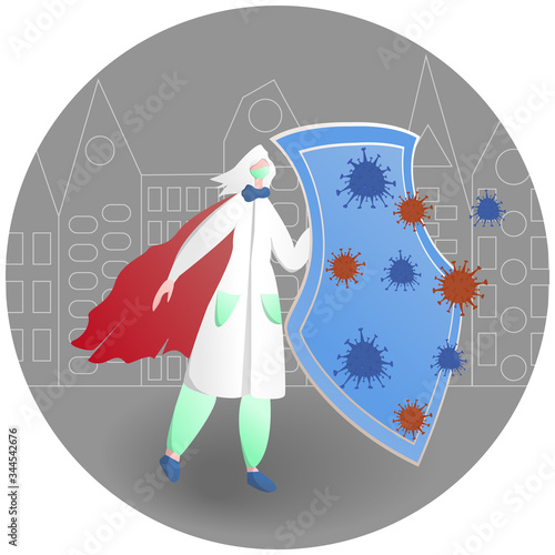 Medical doctor fight against corona virus.Character woman in uniform.Vector Illustration nowadays hero nurse.Super person red cape and face mask protect city from infection,Covid and virus outbreak