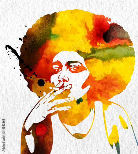 Woman's silhouette with afro hairstyle smoking joint with marijhuana leaf. Vector image