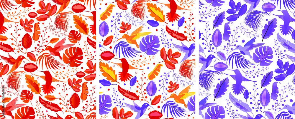 A collection of 3 patterns of vector illustrations of bright colorful exotic hummingbirds of birds, and leaves of plants on a white background. Suitable for fabric, wallpaper A collection of 3 patterns of vector illustrations of bright colorful exotic hummingbirds of birds, and leaves of plants on a white background. Suitable for fabric, wallpaper