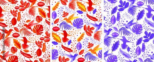 A collection of 3 patterns of vector illustrations of bright colorful exotic hummingbirds of birds, and leaves of plants on a white background. Suitable for fabric, wallpaper