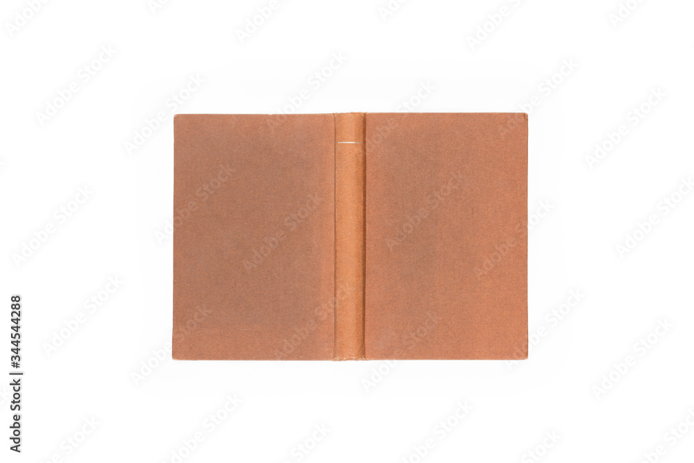Open hard cover terracotta book on white background