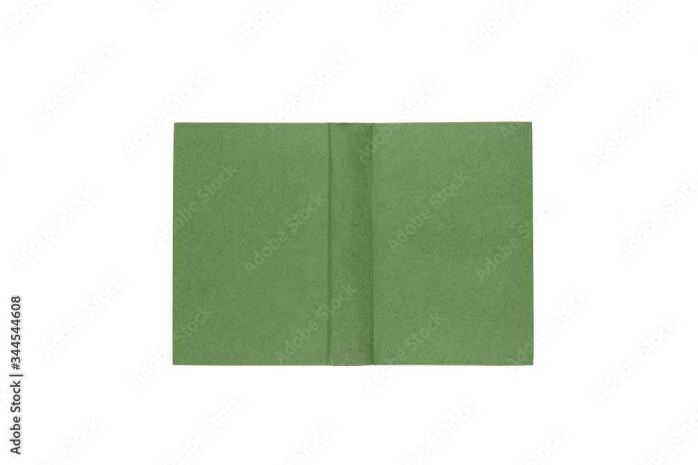 Fototapeta premium Open hard cover green book on white background