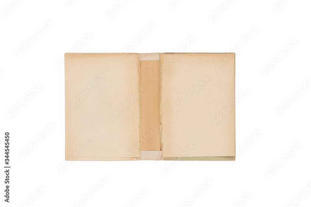 Open hard cover old yellow book on white background, inside hard cover, background Open hard cover old yellow book on white background, inside hard cover, background