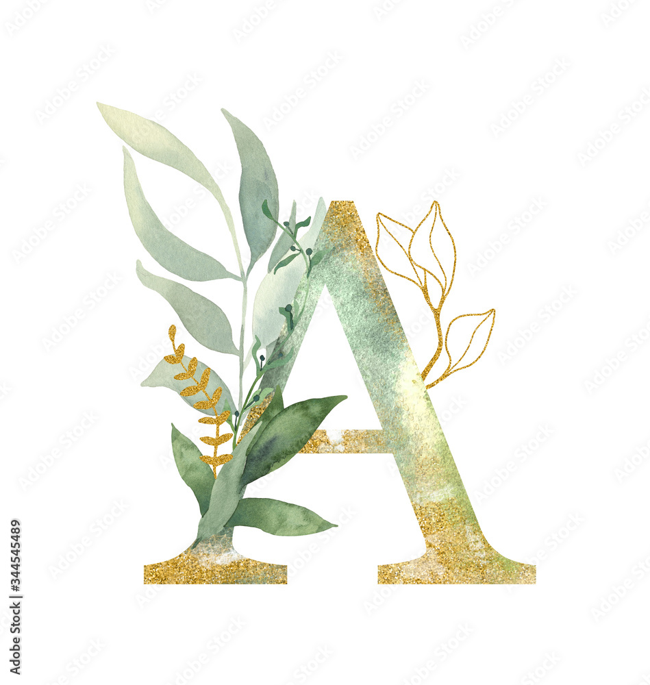 Floral alphabet, letter A with watercolor green and gold  leaf. Perfectly for wedding invitations, greeting card, logo, poster and other design.  - obrazy, fototapety, plakaty 