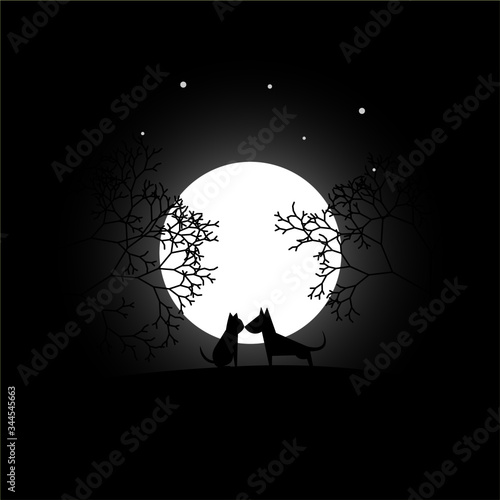 silhouette of a cat and dog on the moon