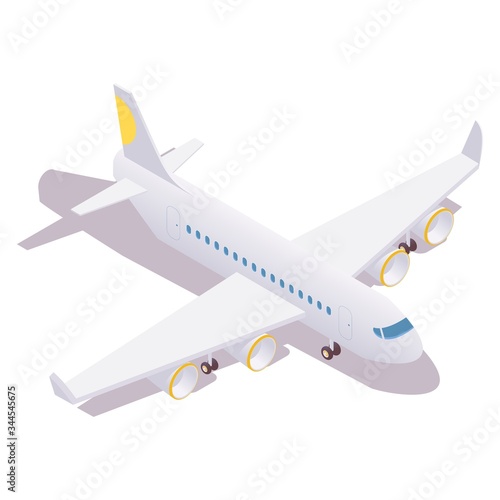 Isometric passenger plane standing at the airport with landing gears lowered