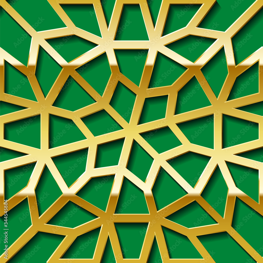 Arabic seamless golden pattern with classic islamic culture ornament. Green background with shadow. Arabic seamless golden pattern with classic islamic culture ornament. Green background with shadow.