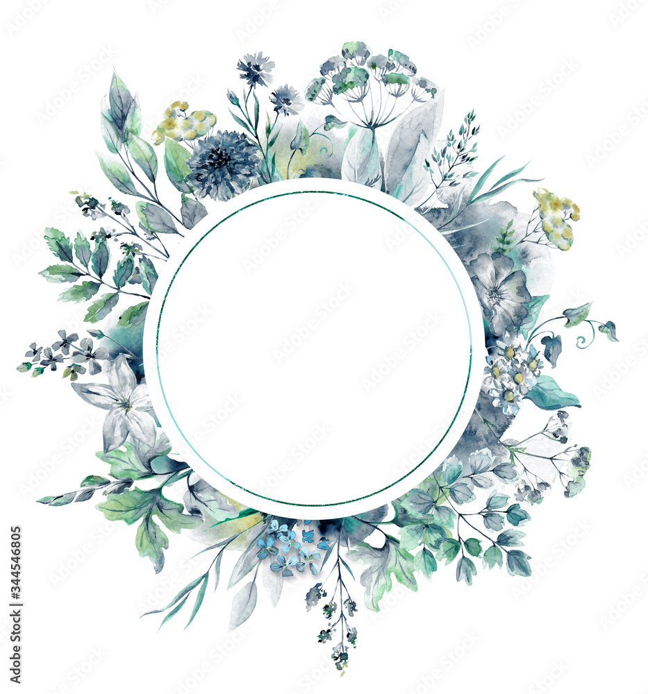 Beautiful round frame with hand drawn watercolor herbs and wildflowers Beautiful round frame with hand drawn watercolor herbs and wildflowers