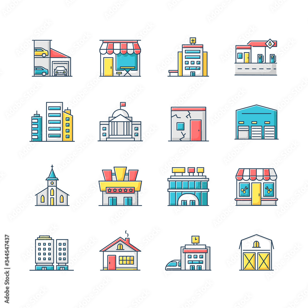 Industrial buildings RGB color icons set. High rise skyscrapers. Car parking. Cinema theater. Urban district. City constructions. Cafe storefront. Clinic and church. Isolated vector illustrations