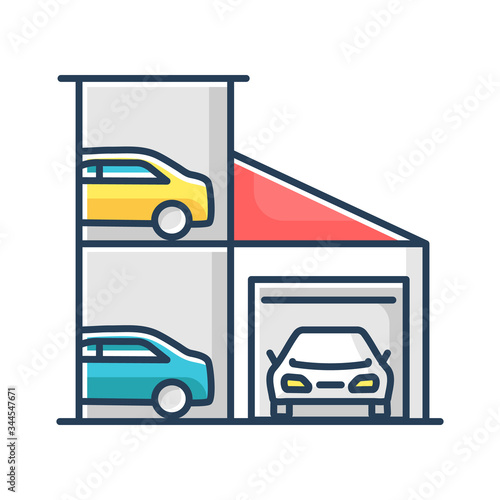 Car parking lot RGB color icon. Full storage at shopping center for transport. Mall multistorey drive slots for automobiles. Urban multilevel carpark building. Isolated vector illustration
