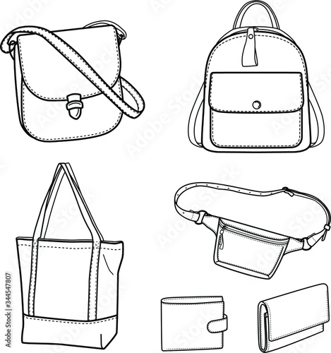 Vector bags and wallets set, leather and textile bags, bags collection