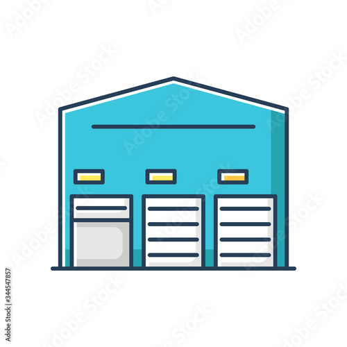 Self storage unit front RGB color icon. Industrial building entrance. Open and closed roller doors on warehouse entrance. Storing facility for cargo protection. Isolated vector illustration