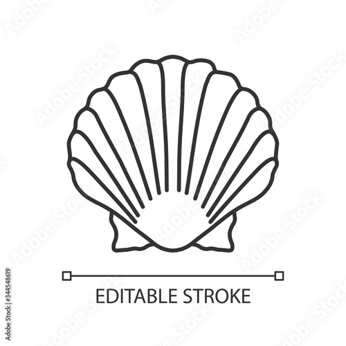 Scallop shell pixel perfect linear icon. Exotic seashell, decorative conch. Thin line customizable illustration. Contour symbol. Oyster, clam shell vector isolated outline drawing. Editable stroke
