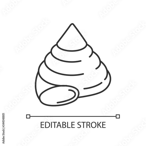 Top shell pixel perfect linear icon. Exotic snail cockleshell thin line customizable illustration. Contour symbol. Molluscan conch, sea shell vector isolated outline drawing. Editable stroke