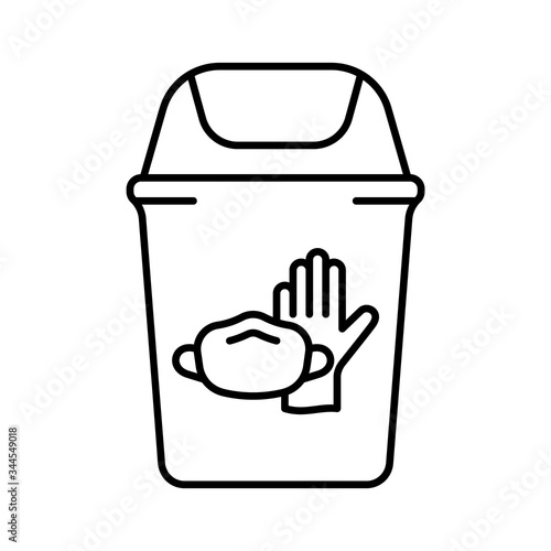 Trash can with latex glove, face mask. Disposal of medical supplies. Linear illustration of special bin for throwing out used individual protective equipment in hospital, clinic. Contour vector icon
