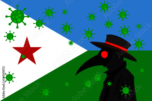 Black plague doctor surrounded by viruses with copy space with DJIBOUTI flag.