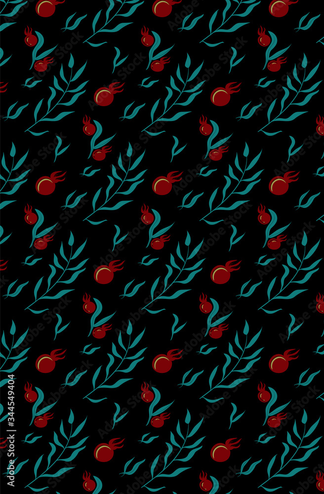 red and green floral seamless pattern on black background. Wallpaper, fabric. Vector illustration