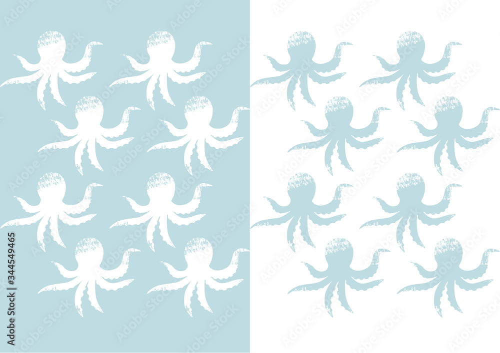 Octopus pattern repeat in blue and white color. Silhouette Vector illustration. Sea Ocean Wallpaper