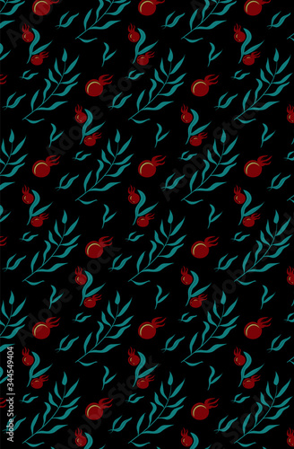 red and green floral seamless pattern on black background. Wallpaper, fabric. Vector illustration