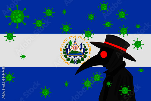 Black plague doctor surrounded by viruses with copy space with EL SALVADOR flag.