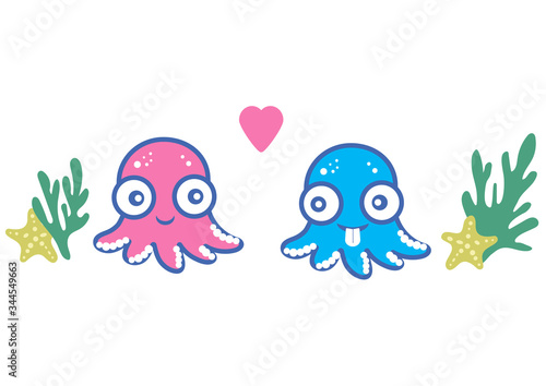 Octopus love cartoon vector icon. Cute baby boy and girl kids Octopus character. Funny flat blue and pink icons of underwater animals and seaweed isolated on a white background.