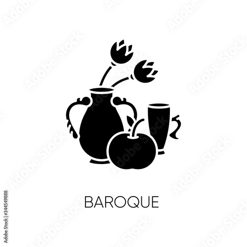 Baroque black glyph icon. Traditional 17th century European cultural movement. Vase with flowers and fruit. Classical visual art. Silhouette symbol on white space. Vector isolated illustration