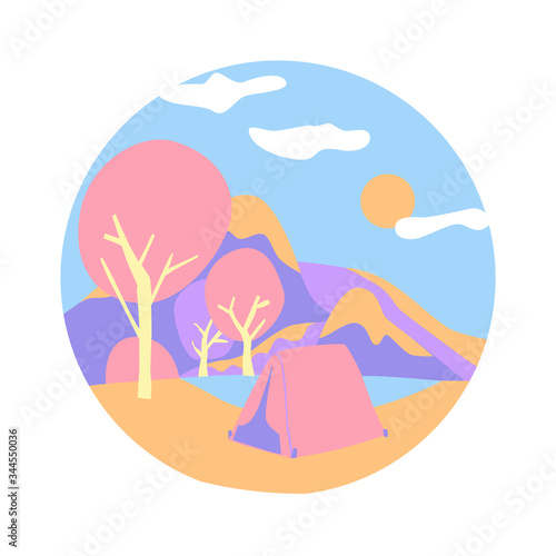Mountain camping in pink colors. Tourist tent near the water. Vector illustration in cartoon style