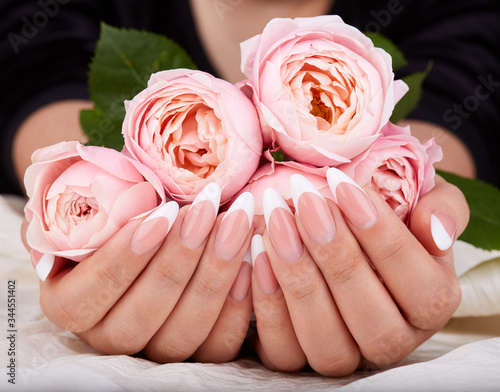 Photo Hands with long artificial french manicured nails holding pink rose flowers