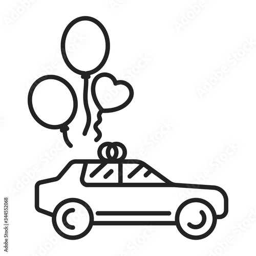 Just married car black line icon. Auto with balloons. Isolated vector element. Outline pictogram for web page, mobile app, promo.