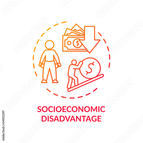Socioeconomic disadvantage concept icon. Social classes inequality, low income problem, financial crisis idea thin line illustration. Social CVD factors. Vector isolated outline RGB color drawing