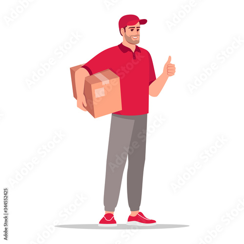 Box delivery semi flat RGB color vector illustration. Deliveryman holding cardboard package. Worker with parcel. Caucasian male courier in red uniform isolated cartoon character on white background