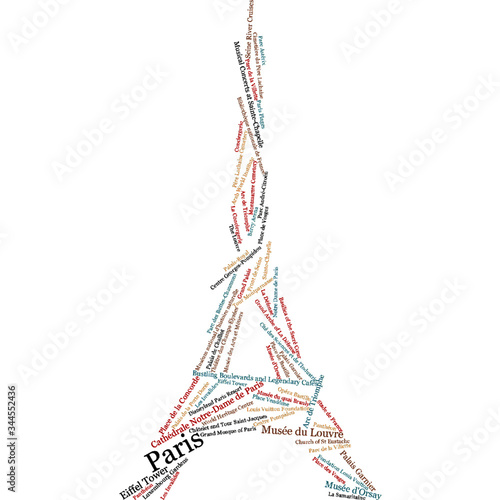 Word cloud shaped Eiffel Tower with keywords of the main attractions of Paris