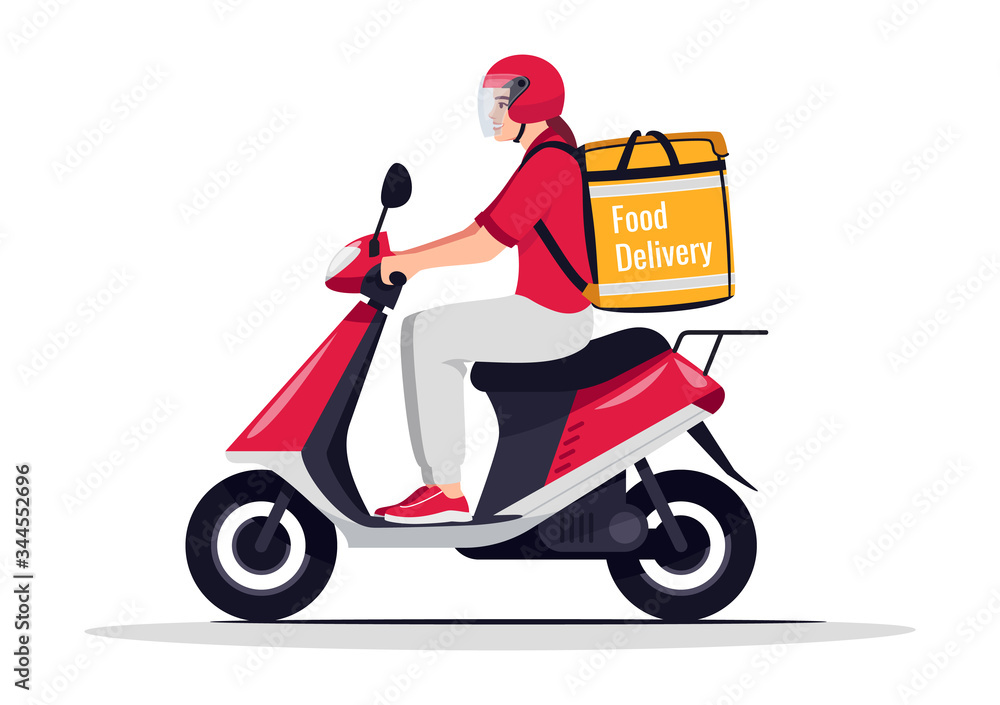 Food delivery service semi flat RGB color vector illustration. Bike courier with restaurant order. Delivery woman in red uniform and helmet isolated cartoon character on white background