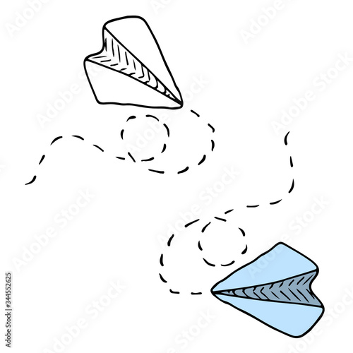 Simple paper plane is flying. Concept of communication, letters, telegram sending and receiving, online messengers, fresh news. Children origami, fun, games. Vector in cartoon doodle style