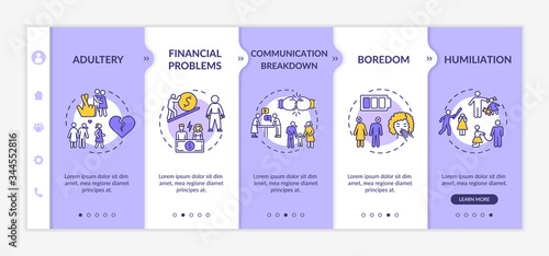 Divorce reasons onboarding vector template. Marriage dissolution causes. Partner abuse. Responsive mobile website with icons. Webpage walkthrough step screens. RGB color concept