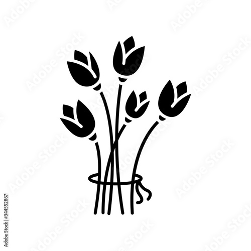 Flowers black glyph icon. Bouquet for greeting. Romantic present. Blooming tulips. Flourishing blossom. Flower delivery. Silhouette symbol on white space. Vector isolated illustration