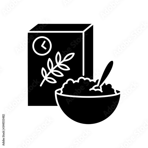 Breakfast and cereal black glyph icon. Fresh muesli in bowl. Flakes products for eating in morning. Lunch meal in box package. Silhouette symbol on white space. Vector isolated illustration