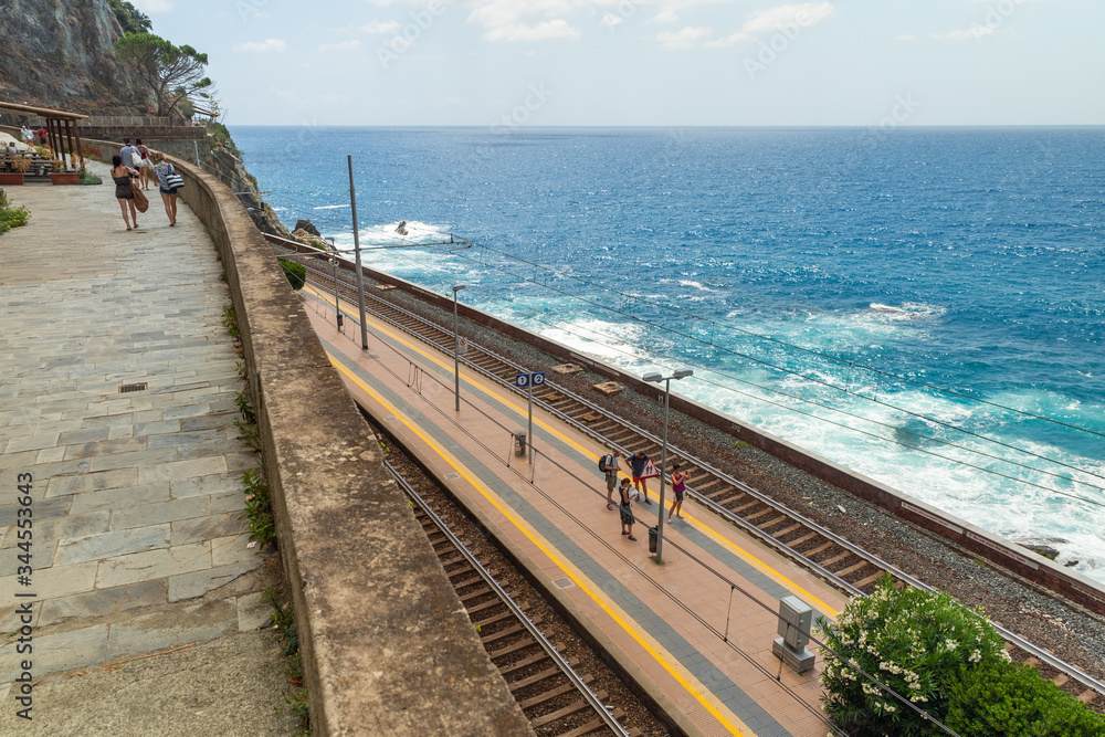 Railway along the coast leading to Vernazza village. Cinque Terre, Italy