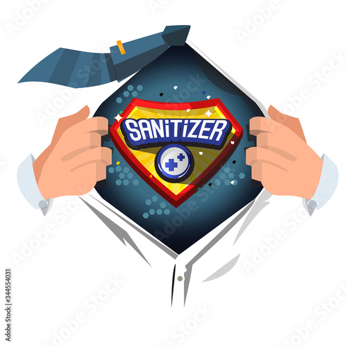 A man Open Shirt To Reveal Costume Underneath with "Sanitizer" typographic