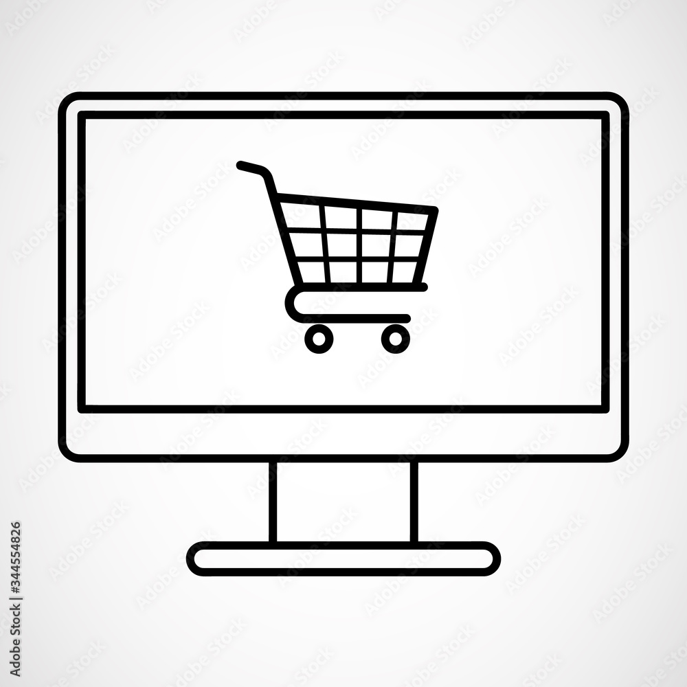 Online shopping using Desktop/PC/Computer, With the concept graphic showing computer screen with shopping cart icon in black and white. linear icon illustration on white background Online shopping using Desktop/PC/Computer, With the concept graphic showing computer screen with shopping cart icon in black and white. linear icon illustration on white background